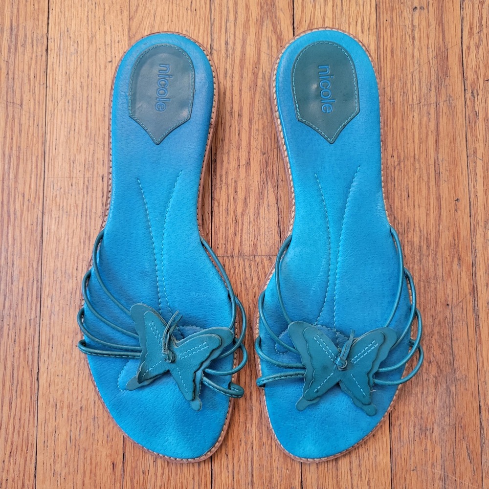 Nicole 10M Sandals Blue Leather Butterfly Strappy ODYSSEY Brazil Y2K Retro Beach